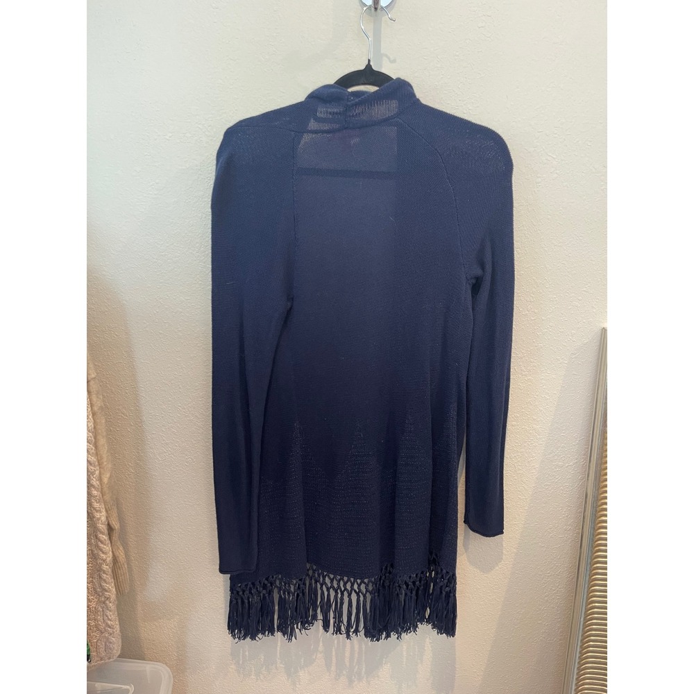 Lilly Pulitzer Navy Blue Fringe Hem Open Front Shawl Collar Cardigan Sweater S - Picture 2 of 3
